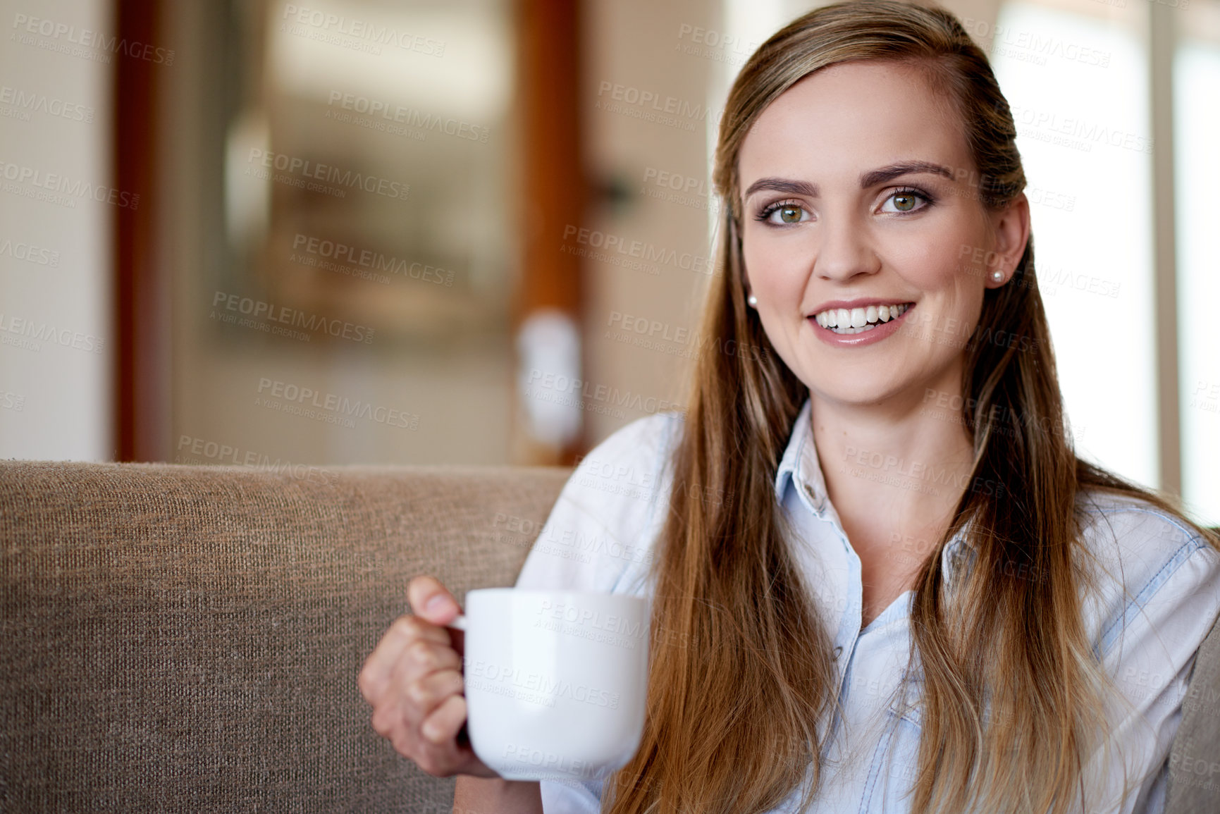 Buy stock photo Smile, coffee and portrait of woman on sofa for calm, peaceful and break in morning at home. Happy, cappuccino and female person drinking warm beverage in living room at apartment on weekend.