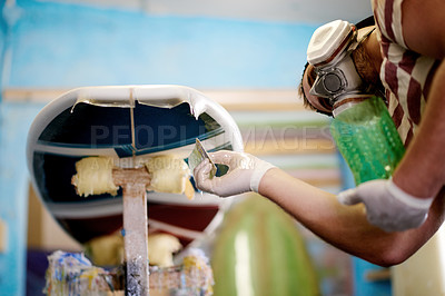Buy stock photo PPE, resin and man with surfboard, fiberglass and creative for skills, talent and hobby. Craftsman, artist and entrepreneur with workshop for design, manufacturing and custom work for artisan craft