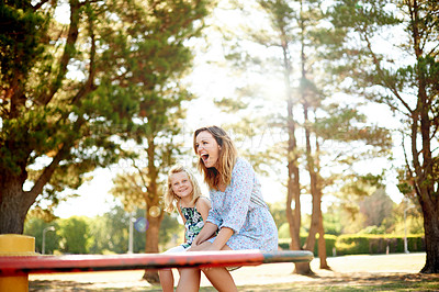 Buy stock photo Happy, mother and child on carousel at playground for holiday fun, playing games and bonding together. Smile, family and kid on merry go round for spinning ride, activity and balance on vacation