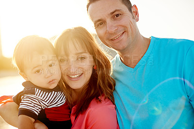 Buy stock photo Portrait, beach and family with smile, boy and bonding together with summer holiday. Seaside, parents and mother with father, childhood or happiness with vacation, travel or nature with weekend break