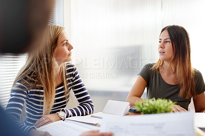 Buy stock photo Woman, team and office meeting at startup with discussion, documents or talk for planning at media company. People, man and paperwork for project, report and group collaboration at creative agency