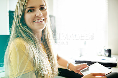 Buy stock photo Tablet, research and portrait of business woman in office for journalist, smile and magazine publisher. Article editor, story reporter and blog development with person in creative media agency