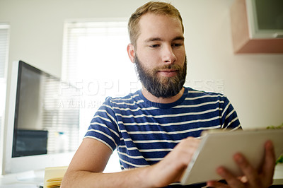 Buy stock photo Web designer, review or man on tablet in startup for software system or online update. Internet, developer or backend engineer reading with technology for IT, research or company homepage development