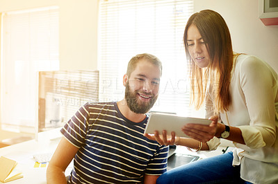 Buy stock photo Man, woman and tablet with discussion, planning and meeting for interior design office. People, partnership and digital technology with agenda, review and feedback for property renovation at agency