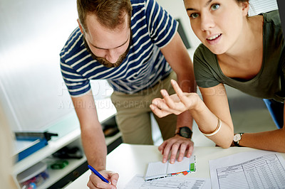 Buy stock photo Meeting, discussion and planning with project, report and statistics documents in office. Collaboration, teamwork and people brainstorming with notebook for communication, writing and partnership