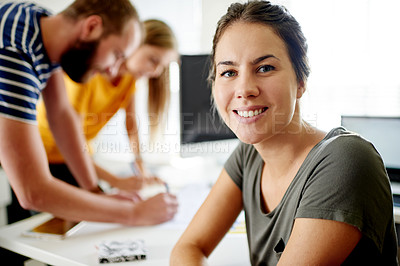 Buy stock photo Happy woman, portrait and designers in meeting for planning together, help or solution. Group project, creative team and people in office for problem solving, startup company or brainstorming ideas