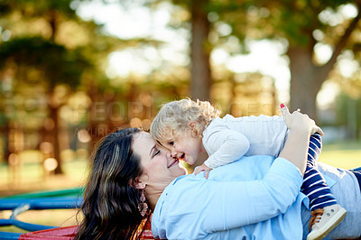 Buy stock photo Love, playing and mom with child, playground and bonding with daughter on weekend, laugh or outdoor. Park, woman and smile with toddler in nature, growth and development of girl, family and childcare