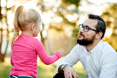 Buy stock photo Playful, father and girl in garden with stem, silly or outdoor fun in spring adventure. Happy moment, relax and family in nature with leaf, sunshine or bonding together for childhood development.