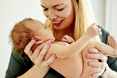 Buy stock photo Happy, holding and mom with baby in home for loving relationship, bonding and affection in morning. Family, motherhood and woman with newborn together for security, trust and connection in house