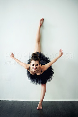 Buy stock photo Flexible, white background or happy woman in studio for ballet craft, creative dancing or grace. Wall, balance or female dancer in theatre with elegance, art or space for skill or ballerina academy