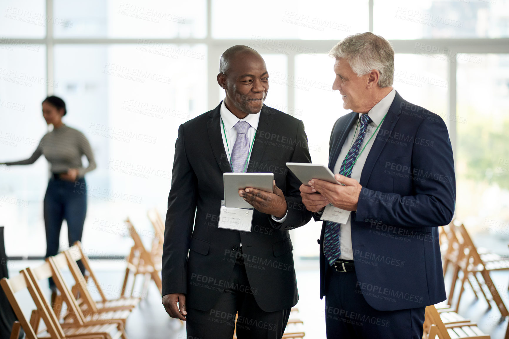 Buy stock photo Teamwork, conference or tablet with business people in office for trading advice, partnership or investor. Stock market seminar, online broker or feedback with employees in convention for information