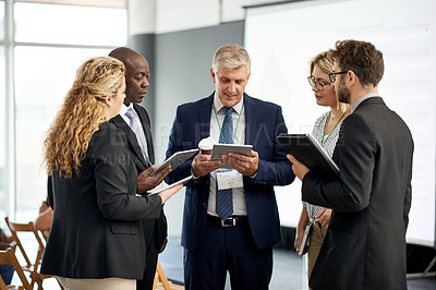 Buy stock photo Tablet, meeting and business people in office, planning and financial agency with stock market exchange. Employees, men and women in workplace, tech or feedback for funding proposal, email or trading