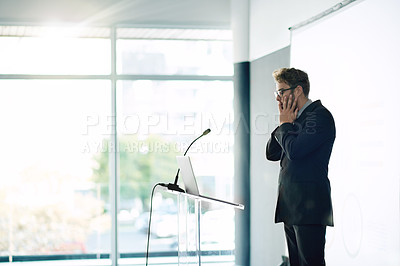 Buy stock photo Fear, presentation and speaker with business man for performance anxiety, rehearsal checklist and worry. Grounding technique, nervous and panic attack with person at podium for stress and pressure