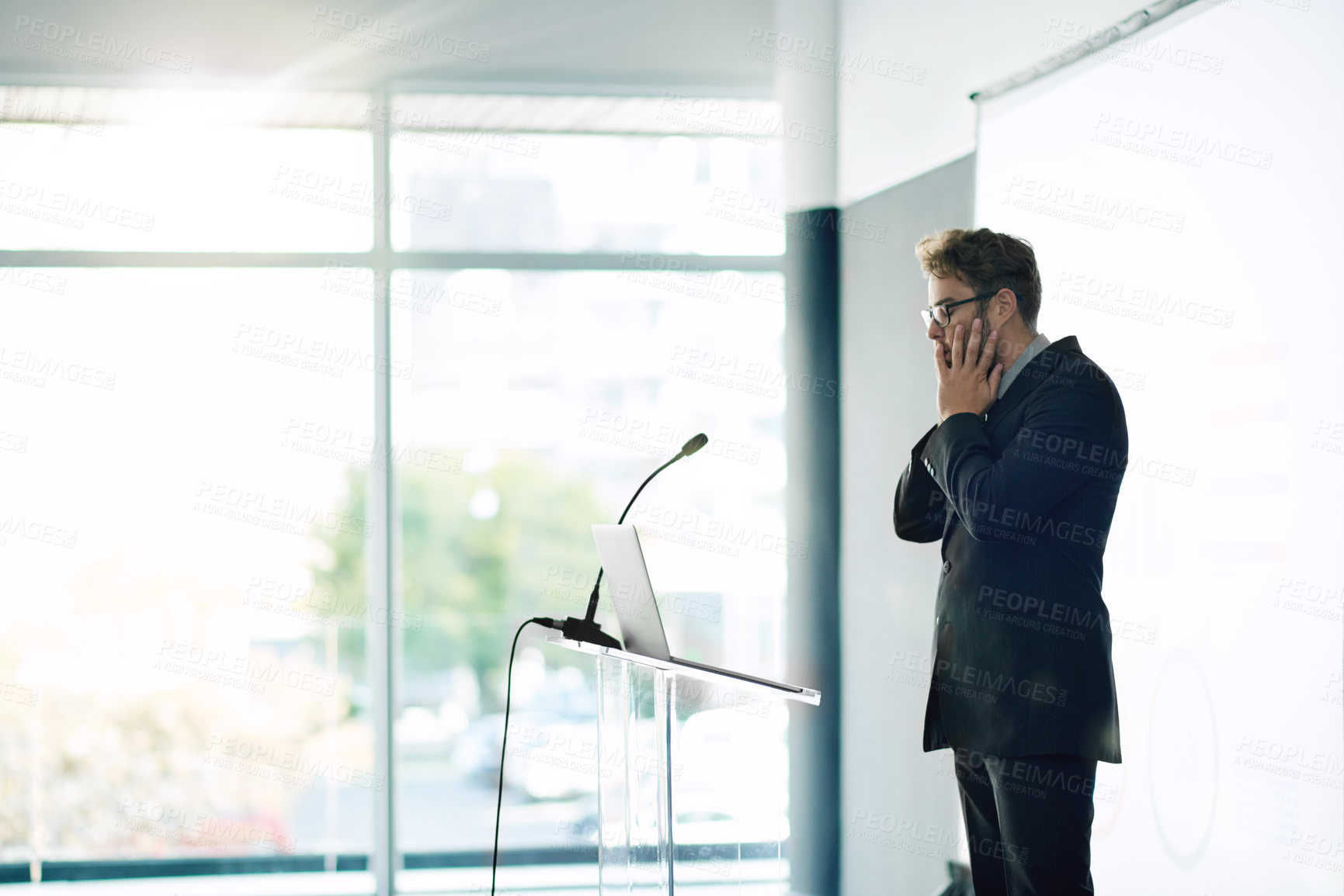 Buy stock photo Fear, presentation and speaker with business man for performance anxiety, rehearsal checklist and worry. Grounding technique, nervous and panic attack with person at podium for stress and pressure