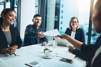 Buy stock photo Business people, meeting and discussion with document in office for report, analysis or project. Accounting, employees and smile with paperwork for brainstorming, planning or proposal for feedback