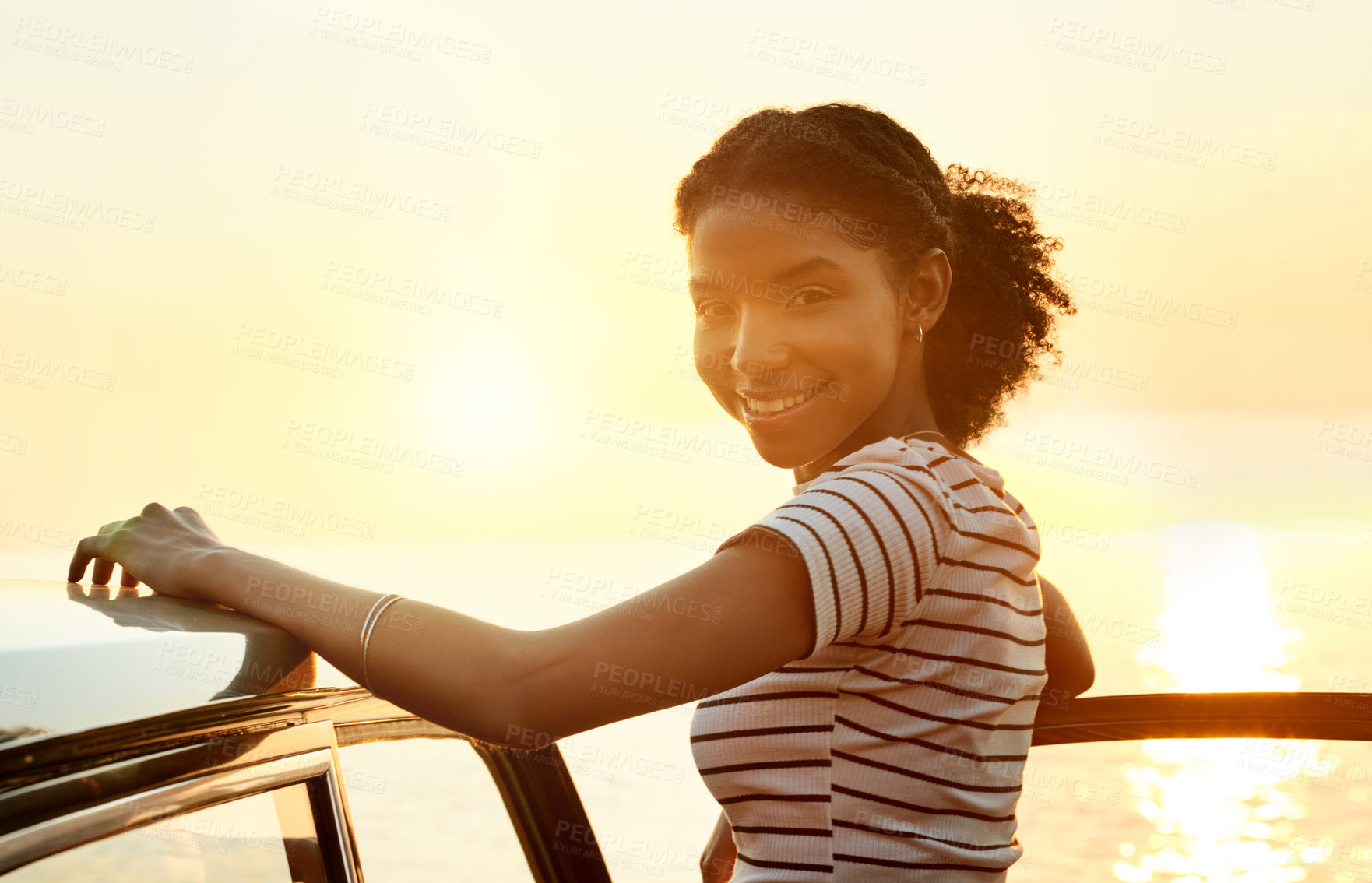 Buy stock photo Happy woman, portrait and vehicle with sunset view for travel, holiday or weekend getaway in nature. Female person, driver or traveler with smile, sky or relax for road trip adventure, car or journey