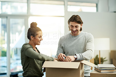 Buy stock photo Happy, boxes and couple in new home for moving, relocation and purchase property. Real estate, relationship and man with woman in apartment with help for packing for rental, mortgage and house