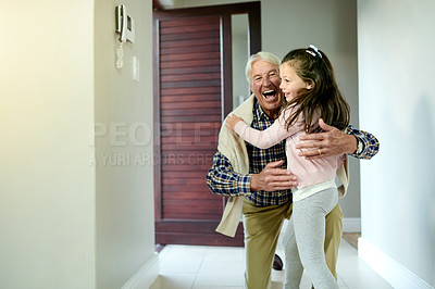Buy stock photo Hug, grandfather and kid in home for greeting, love and family reunion with girl for support. Excited grandpa, child and embrace together for welcome, connection and laugh for care with generations