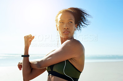 Buy stock photo Exercise, stretching and thinking with woman on beach for start of cardio training or workout. Arms, fitness and wind with African athlete outdoor on space for planning, preparation or warm up
