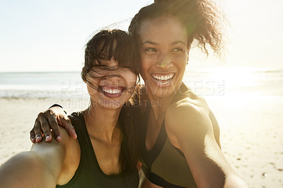 Buy stock photo Happy woman, selfie and runner at beach with friends, hug or excited for fitness routine in summer. People, girl and profile picture with flare, photography and training with social media post by sea