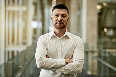 Buy stock photo Business, portrait and man in office, arms crossed and financial agency with confidence. Corporate professional, investment company and employee in workplace, mature person and career ambition