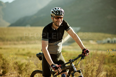 Buy stock photo Happy man, cycling and bicycle for fitness in nature, training or sports on sustainable transport in countryside. Person, cyclist and bike with eco friendly exercise or prepare for triathlon outdoor
