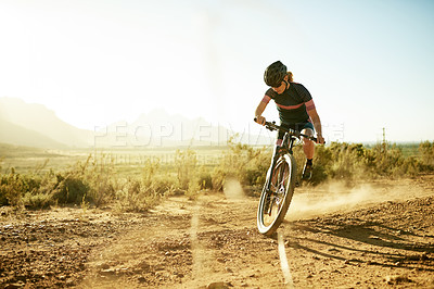 Buy stock photo Cycling, travel and fitness with woman on path for triathlon training, workout and cardio challenge. Sports athlete, wellness and exercise with person on bicycle for health, race practice and space
