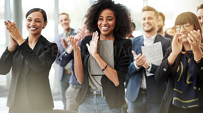 Buy stock photo Women, applause and business people with convention, audience and notes for seminar event. Workshop, conference and clapping hands with crowd, feedback and b2b support for presentation or pitch