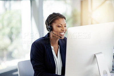 Buy stock photo Business, happy woman and computer at callcenter with contact, communication and customer support. Headset, advice and female consultant with smile help desk, information and telecom with flare