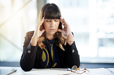 Buy stock photo Fatigue, eye strain and business woman in office, exhausted with brain fog and pain. Frustrated, headache and tired person with stress, anxiety and burnout for crisis with project issue in workplace