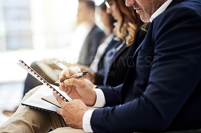 Buy stock photo Business, man and reading document in meeting for schedule update, agenda and proposal. Person, audience and paperwork for corporate training, conference presentation or legal information at workshop
