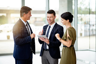 Buy stock photo Tablet, happy team and business people talk in office for investment banking, coaching or feedback. Tech, group and corporate meeting with manager for financial planning, review account and training