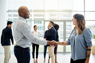 Buy stock photo Business, handshake and people in office, greeting and welcome with introduction. Cooperation, agreement and employees in workplace, shaking hands and hello with partnership, thank you and b2b deal