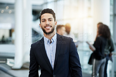 Buy stock photo Business, portrait and happy man in office, financial agency and skills with company mission. Expert, person and employee in workplace, career ambition and confidence with pride and accounting