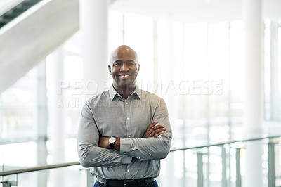 Buy stock photo Arms crossed, business and portrait of black man at conference for event, seminar or symposium. Expo, smile and tradeshow with happy mature employee in convention center for development or workshop