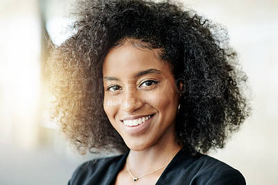 Buy stock photo About us, portrait and smile of business woman in lobby for development and agency flare. Afro, company and face of happy African employee in foyer of convention center for event or tradeshow