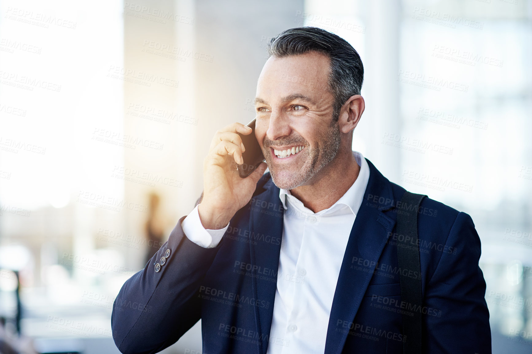 Buy stock photo Phone call, smile and thinking with business man in foyer for feedback, negotiation or update. Communication, conversation and idea with mature employee in lobby of office for project management