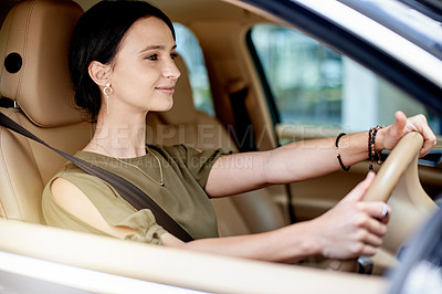 Buy stock photo Happy woman, driver and transport with car in city for business travel, ride or automobile service. Female person, transportation agent or driving with smile in urban town for commute or destination