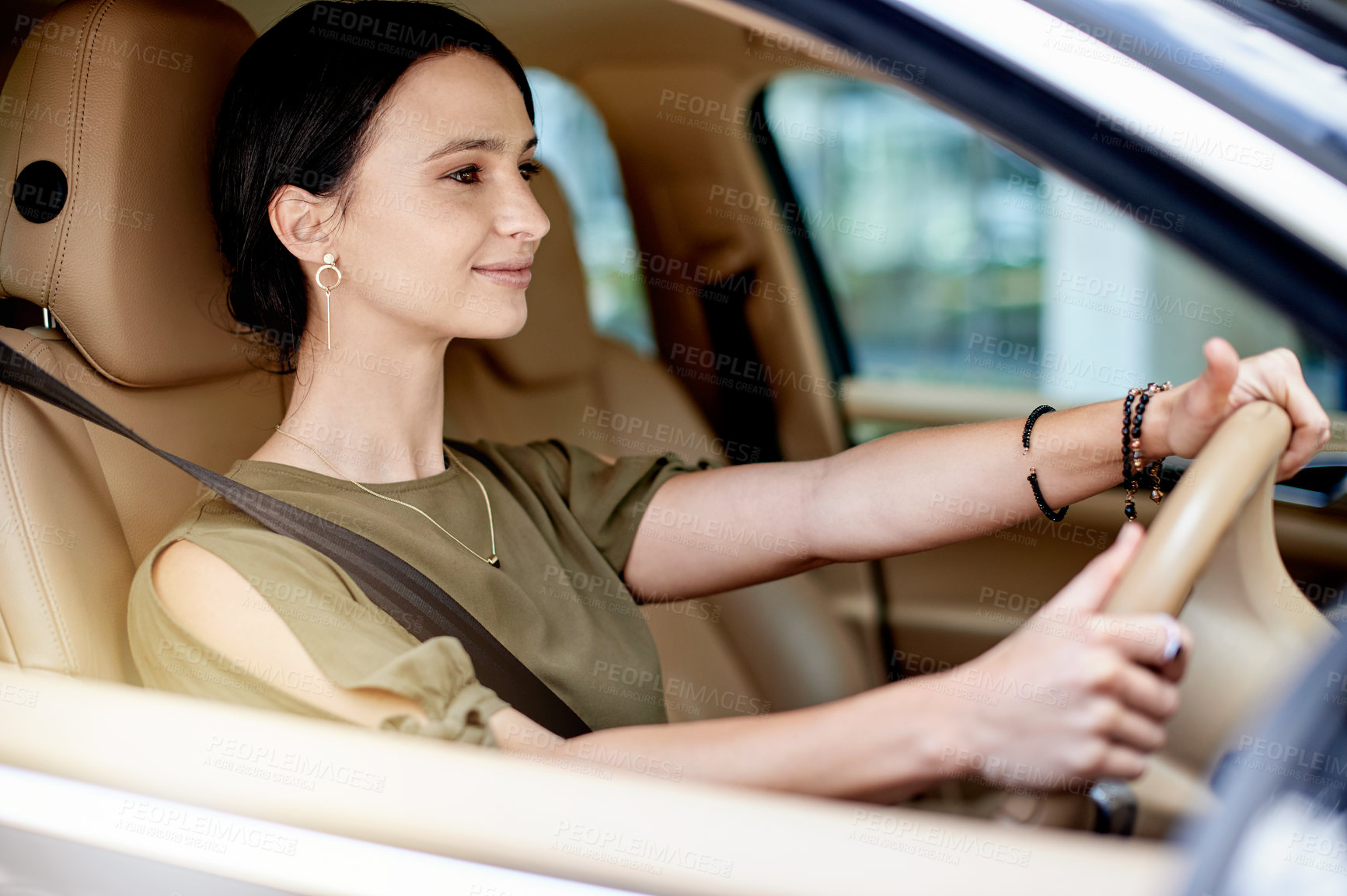 Buy stock photo Happy woman, driver and transport with car in city for business travel, ride or automobile service. Female person, transportation agent or driving with smile in urban town for commute or destination
