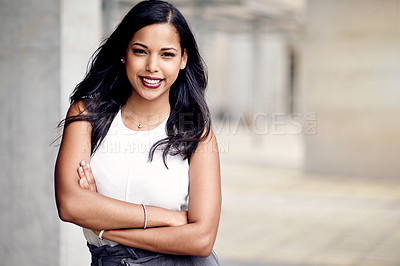 Buy stock photo Business, portrait and smile of woman on space at office building for about us or company mission. City, happy and opportunity with professional employee outdoor at work location for development