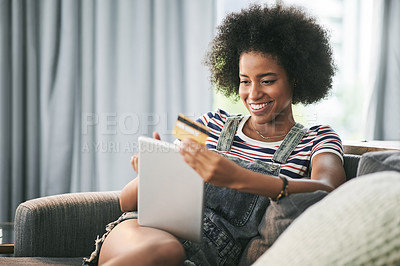 Buy stock photo Home, credit card and black woman on sofa, tablet and purchase with online shopping. Apartment, tech and African person on couch, transactions and payment with ecommerce, app or savings with password