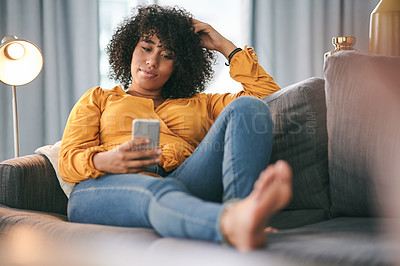 Buy stock photo Home, above and woman on sofa, cellphone and message to contact, connection and relax. Apartment, smartphone and person on couch, typing and communication with social media, online reading or texting