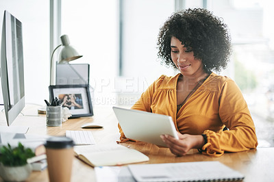 Buy stock photo Agency, publication and tablet with editor woman at desk in office for online fashion magazine. App, business and internet with person in workplace to post or review article for virtual column