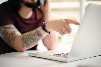 Buy stock photo Pointing hands, phone and call with laptop for web design update, ideas or vision for it programming. Coder, designer or software developer person on technology for communication, social media or app