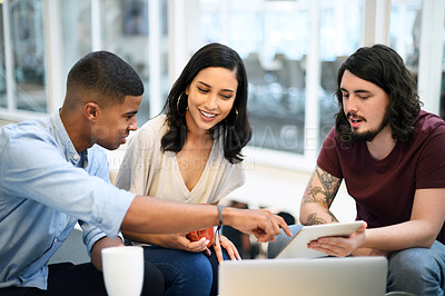 Buy stock photo Business, people and communication with technology in office for conversation, brainstorming and digital collaboration. Creative team, graphic designers and online with internet for visual project.