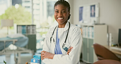 Buy stock photo Doctor arms crossed, happiness and portrait black woman, nurse or medicine expert smile for medical health care mindset. Medic service, surgeon and professional cardiologist for clinic support help