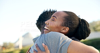 Buy stock photo Black couple, happy and love outdoor with hug for commitment, relationship reunion and bonding. Excited, man and woman together for quality time, space or romantic connection or support in summer