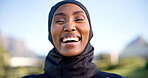 Portrait, black woman and laugh in hijab for fitness outdoor with empowerment, happy and exercise. Runner, female athlete and muslim person at park for wellness, space or workout in modest activewear