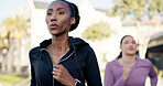 Women, fitness and friends running in park for outdoor workout, exercise or cardio training together. Active, female people or runner with sprint, vitality or race for marathon, health or wellness