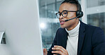 Talking, computer and man with headset for call center, online consulting and financial advice. Corporate, office and black person with tech for help, loan support and contact us for customer service